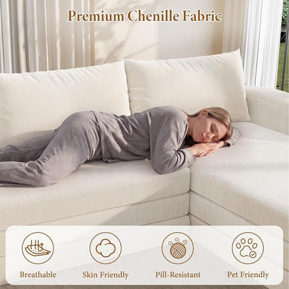 Vesgantti 110.2" Boneless Sectional Couch with Curved Armrest, 6 in 1 Convertible Folding Sleeper Sofa Bed, Chenille Modular Sofa for Living Room, No Assembly Required, Beige, Right Facing Chaise