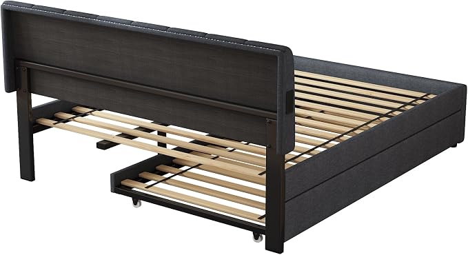 Queen Size Upholstered Platform Bed with Pull-Out Trundle Bed | Twin Size Trundle, LED Lighting Controlled by APP, USB+Type-C Charging Ports, Linen Upholstered Bed Frame,Dark Grey
