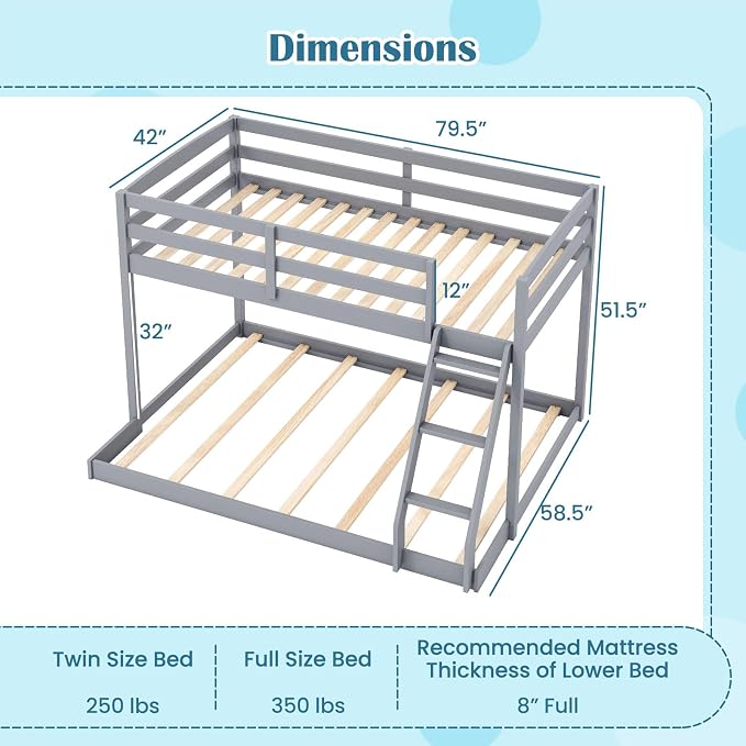 Giantex Twin Over Full Bunk Bed, Solid Wood Kids Bunk Bed with Full-Length Guardrails & Ladder, Low Bunk Beds with Slats Support for Kids, Teens, No Box Spring Needed, Grey