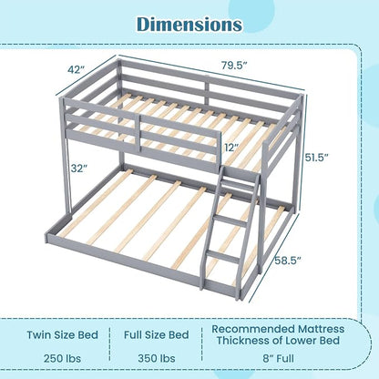 Giantex Twin Over Full Bunk Bed, Solid Wood Kids Bunk Bed with Full-Length Guardrails & Ladder, Low Bunk Beds with Slats Support for Kids, Teens, No Box Spring Needed, Grey