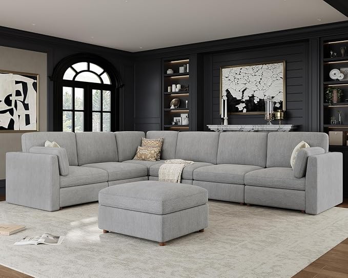 Oversized Modular Sectional Sofa V-Shaped Cloud Couches Gray | Large Deep Seat Couch for Living Room, 7-Seater Luxury Corner Sofa with Ottoman, Solid Wood Frame, Removable Washable Cover