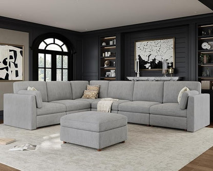 Oversized Modular Sectional Sofa V-Shaped Cloud Couches Gray | Large Deep Seat Couch for Living Room, 7-Seater Luxury Corner Sofa with Ottoman, Solid Wood Frame, Removable Washable Cover