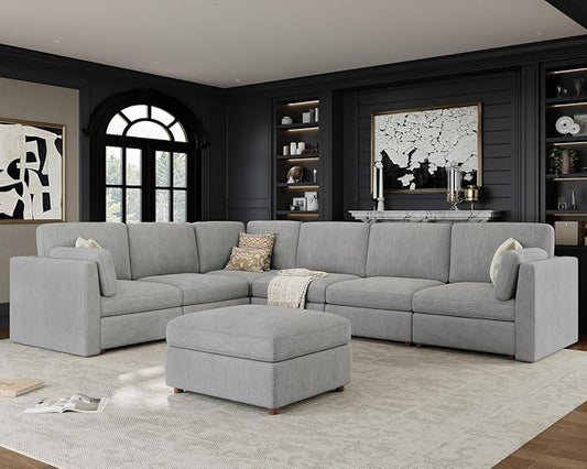 Oversized Modular Sectional Sofa V-Shaped Cloud Couches Gray | Large Deep Seat Couch for Living Room, 7-Seater Luxury Corner Sofa with Ottoman, Solid Wood Frame, Removable Washable Cover
