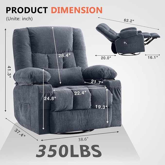 Swivel Rocker Recliner Chair with Vibration Massage and Heat Ergonomic Lounge Chair for Living Room with Rocking Function and Side Pocket, 2 Cup Holders, USB Charge Port