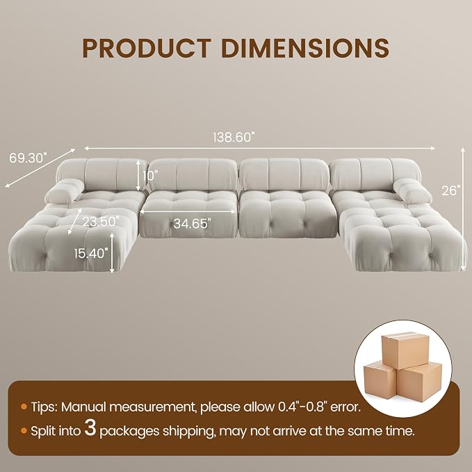 Modern Velvet Sectional Sofa, U Shape Minimalist Modular 6-Seater Couch with 2-Ottomans for Living Room Office Apartment (138in/Beige)