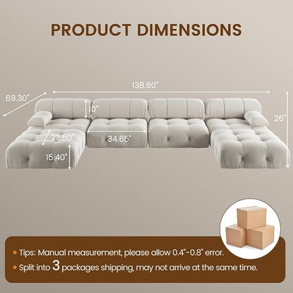 Modern Velvet Sectional Sofa, U Shape Minimalist Modular 6-Seater Couch with 2-Ottomans for Living Room Office Apartment (138in/Beige)
