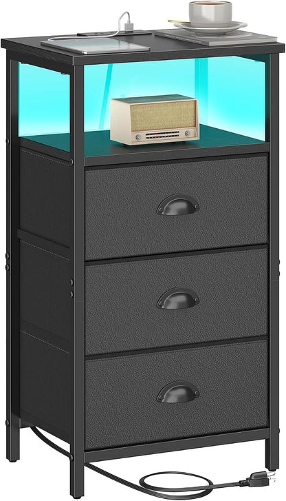 sthmec Nightstand with Charging Station,LED Black Nightstand with 3 Fabric Drawers PU Finish, Bedside End Tables, 2-Tier Open Storage Shelf Side Table Nightstand with Drawers for Bedroom,Black