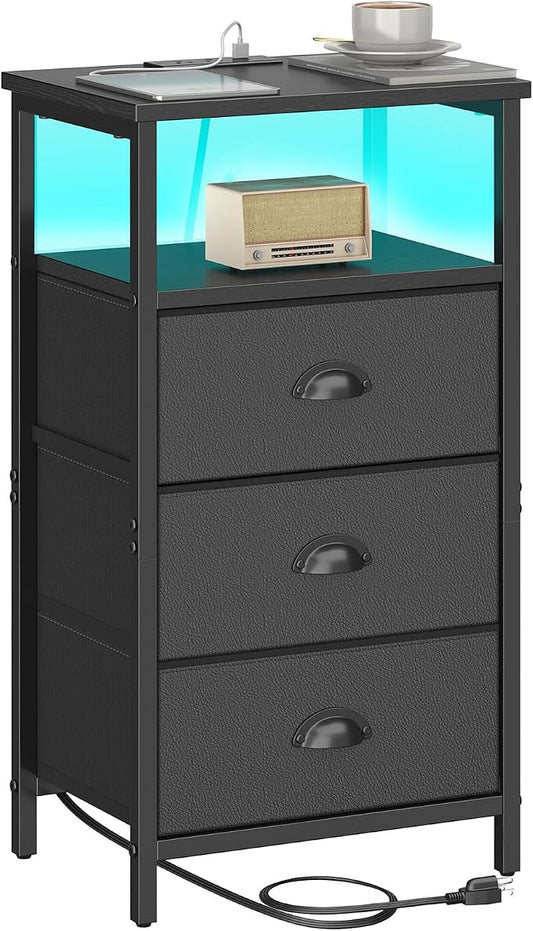 sthmec Nightstand with Charging Station,LED Black Nightstand with 3 Fabric Drawers PU Finish, Bedside End Tables, 2-Tier Open Storage Shelf Side Table Nightstand with Drawers for Bedroom,Black