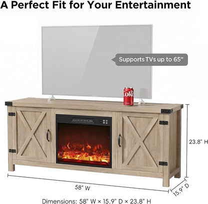 YESHOMY Fireplace TV Stand with Two Barn Doors and Storage Cabinets for Televisions up to 65+ Inch, Entertainment Center Console Table, Media Furniture for Living Room, 58 Inch, Yellow Oak
