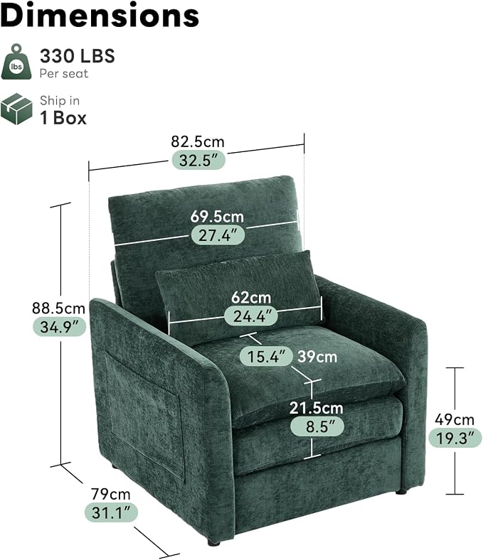 Iroomy Modern Accent Armchair – Cloud-Like Single Sofa with Pocket Spring Seat, Soft Chenille Fabric, Removable Cover, Cozy Lumbar Support for Living Room, Bedroom, Apartment, Green