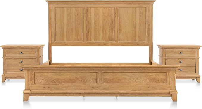 Furniture of America Yardley Farmhouse Solid Wood 3-Piece Bedroom Collection with Panel Bed and Nightstands Set of 2, Box Spring Required for Bedroom, Guess Room, King, Natural Oak