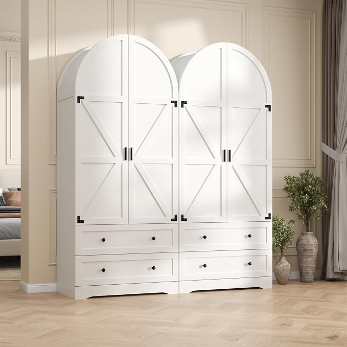 Gyfimoie White Armoire Wardrobe Closet with 2 Drawers, 74.8" Wooden Wardrobe with 2 Doors, Freestanding Closet Armoire Cabinet with Hanging Rack, Clothing Storage Cabinet for Bedroom (White)