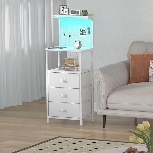 sthmec Bedside Tall Nightstands with Charging Station, LED Bedside Table for Bedroom - 3 PU Fabric Drawers, Hooks, USB/Type-C Ports & Open Bedside Shelves, White
