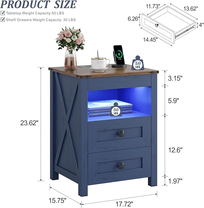 TAGELIER Night Stand Set 2 with Gun Drawer, Farmhouse Bedside Table with Charging Station, Gun Nightstand with LED Light & Human Sensor, Smart End Table for Bedroom, Blue