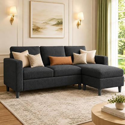 JAMFLY 3-Seat Reversible Sectional Sofa with Convertible Ottoman, Modern Ribbed Fabric L-Shaped Couch for Living Room, Small Apartment & Office, Easy Tool-Free Assembly, Grey
