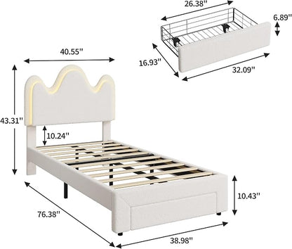 IDEALHOUSE Twin Bed Frame with LED Headboard and Under-Bed Drawer, Metal Upholstered Platform Bed with LED Light for Kids, Girls, Lamb Fleece Fabric, Wooden Slats Support, No Box Spring Needed, White