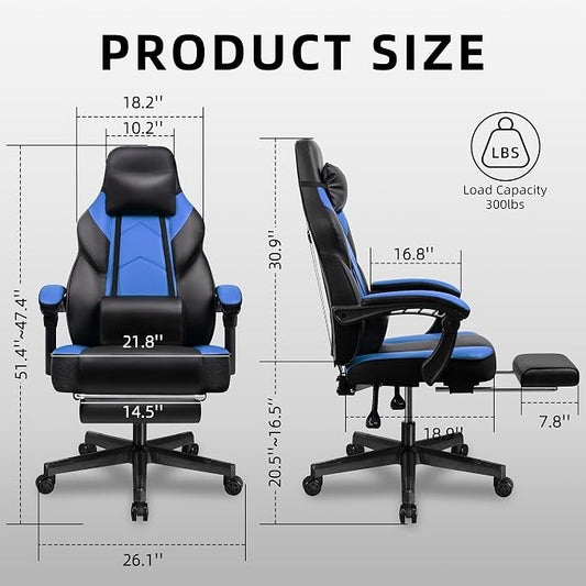 Shintenchi Gaming Chair,Video Game Chair with footrest and Massage Lumbar Support,Height Adjustable Game Chair with 360°Swivel Seat Ergonomic Computer Chair with Headrest for Office or Gaming(Blue)