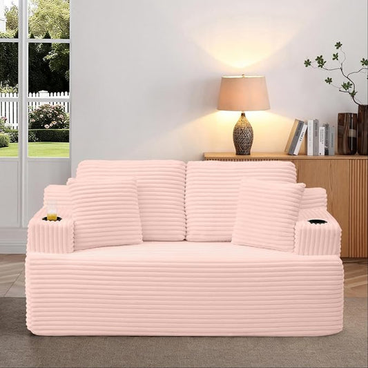 66.5'' Boneless Sofa Couch with Cup Holders & Side Pockets, Modern Corduroy Fabric Upholstered Loveseat Couch with 2 Throw Pillows for Living Room Office, No Assembly (Pink)