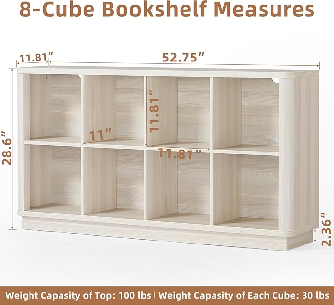 Joaxswe 8 Cube Storage Bookcase, 52" Long Horizontal Book Shelf w/Curved Edge, Wood Low 2-Tier Cubby Console Bookshelf with Base, Modern Floor Standing TV Stand for Living Room, Gray-White Cream Oak