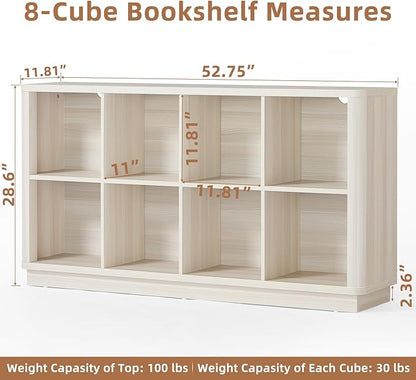 Joaxswe 8 Cube Storage Bookcase, 52" Long Horizontal Book Shelf w/Curved Edge, Wood Low 2-Tier Cubby Console Bookshelf with Base, Modern Floor Standing TV Stand for Living Room, Gray-White Cream Oak