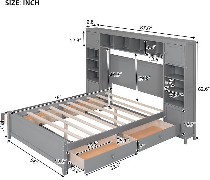 Merax Full Size Wooden Bed with All-in-One Cabinet and Shelf, Gray Bed Frame with 4 Storage Drawers