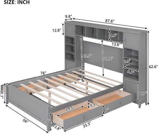 Merax Full Size Wooden Bed with All-in-One Cabinet and Shelf, Gray Bed Frame with 4 Storage Drawers