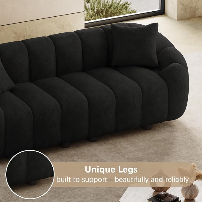 92" Oversized Minimalistic Boucle Sofa for Living Room, Luxury Plush Extra Deep Seat Tufted Sofa, Modern Comfy Curved Cloud Couch, Upholstered 3-Seater Chenille Couches, Black