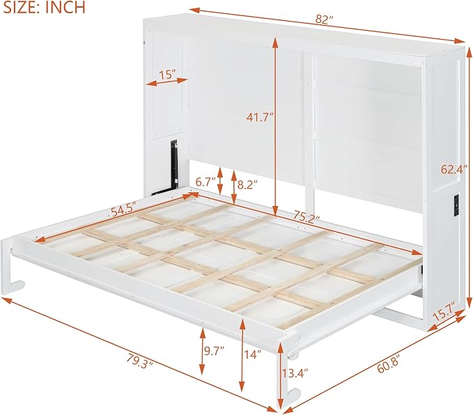 Ball & Cast Full Size Wall Cabinets Murphy Bed with Charging Station and Slat Support,Wood Hideaway Cabinet Platform Beds w/Leg & Lock,can be Folded,Space-Saving,for Small Room,Dorms,White