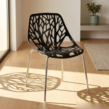 Karl home Stackable Dining Chairs Set of 4, 3-Step Assembly, 350LBS, Black | Bird's nest trunk pattern, robust metal frame, 350lbs capacity, plastic construction, for kitchen/dining/bedroom/living room