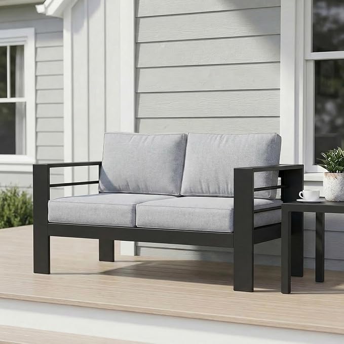 Wisteria Lane Metal Patio Furniture Sofa, All-Weather Outdoor Couch with Upgraded Cushions, Weather-Resistant Heavy Duty Modern Outdoor 2 Seats Sofa for Garden, Balcony, Deck, Backyard, Light Grey