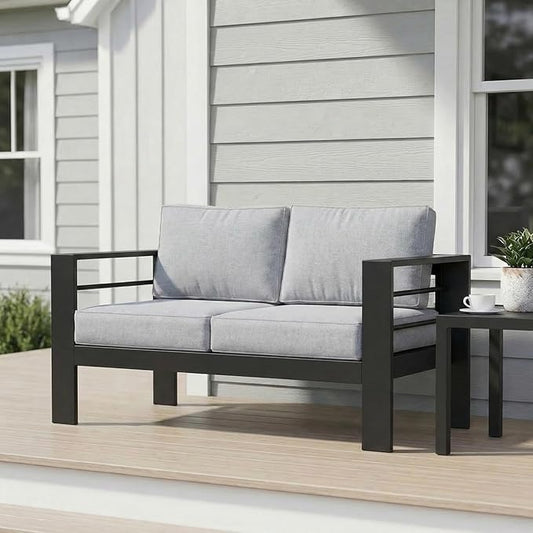 Wisteria Lane Metal Patio Furniture Sofa, All-Weather Outdoor Couch with Upgraded Cushions, Weather-Resistant Heavy Duty Modern Outdoor 2 Seats Sofa for Garden, Balcony, Deck, Backyard, Light Grey