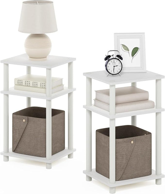 Furinno JUST Night Stand Set of 2, 3-Tier Turn-N-Tube Nightstand, Toolless Bedside Tables, End Table, Side Table with Open Storage for Bedroom, Closet, Dorm, Bathroom, White