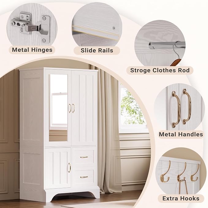LIKIMIO Armoire Wardrobe Closet with Mirror and 3 Doors and 2 Drawers, Bedroom Wooden Armoire Storage Cabinet Combination with Hanging Rod for Bedroom, White