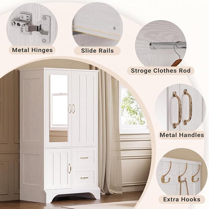 LIKIMIO Armoire Wardrobe Closet with Mirror and 3 Doors and 2 Drawers, Bedroom Wooden Armoire Storage Cabinet Combination with Hanging Rod for Bedroom, White