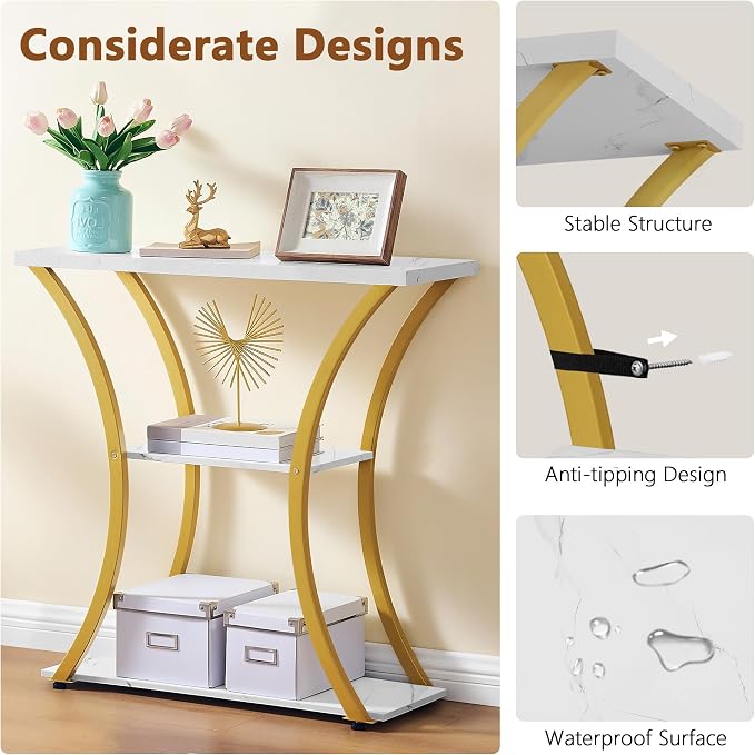 Hoctieon 3 Tier Console Table with Open Wood Shelves, Decorative Entryway Table with Curved Metal Frames, Narrow Sofa Table for Entrance, Living Room, Hallway, Gold and White Marbled
