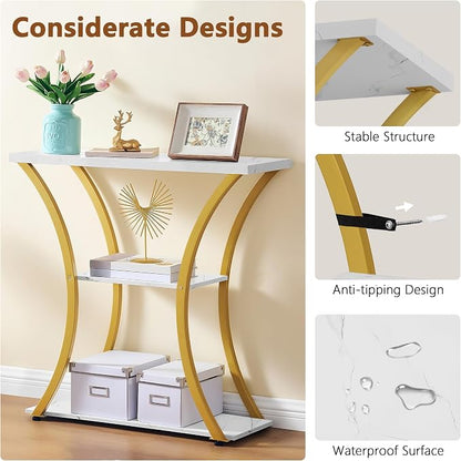 Hoctieon 3 Tier Console Table with Open Wood Shelves, Decorative Entryway Table with Curved Metal Frames, Narrow Sofa Table for Entrance, Living Room, Hallway, Gold and White Marbled