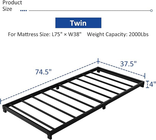 YUSENHEEI 4 Inch Twin Bed Frames, Heavy Duty Metal Platform Low Bed Frame Twin, No Box Spring Needed, Noise Free, Easy Assembly, Black