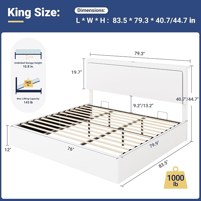 Allewie King Size Lift Up Storage Bed Frame with Charging Station & LED Lights, Adjustable Velvet Upholstered Storage Headboard, Type-C & USB Ports, Hydraulic Support, No Box Spring Needed, White