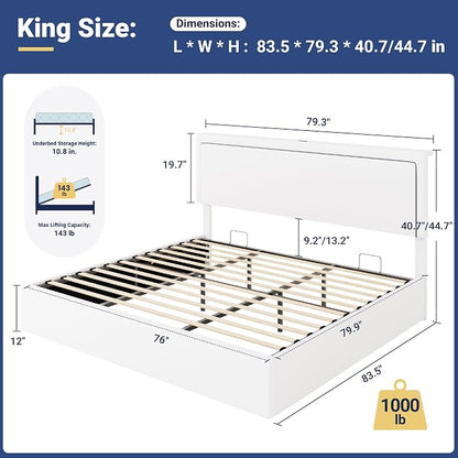 Allewie King Size Lift Up Storage Bed Frame with Charging Station & LED Lights, Adjustable Velvet Upholstered Storage Headboard, Type-C & USB Ports, Hydraulic Support, No Box Spring Needed, White