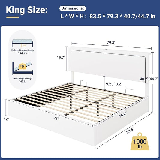 Allewie King Size Lift Up Storage Bed Frame with Charging Station & LED Lights, Adjustable Velvet Upholstered Storage Headboard, Type-C & USB Ports, Hydraulic Support, No Box Spring Needed, White