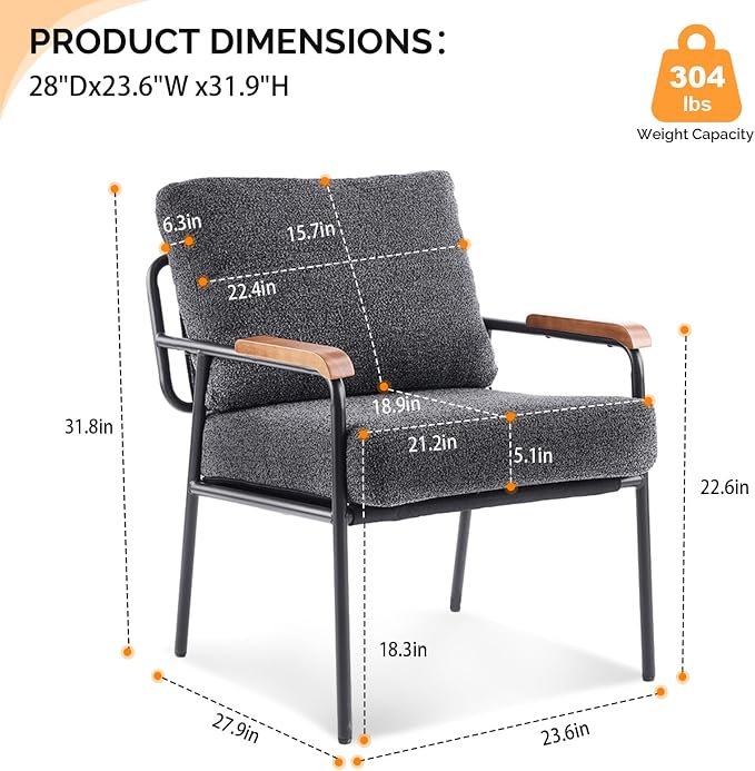 VINGLI Mid-Century Modern Accent Armchiars Set of 2 for Small Space, Small Comfy Upholstered Leisure Reading Chairs with Wood Armrests for Bedroom, Living Room, Waiting Room, Linen Grey
