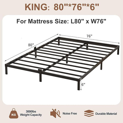 6 Inch Low Profile King Size Bed Frame, Noise-Free Heavy Duty Metal Platform with Mattress Stopper, No Box Spring Needed, Easy Assembly Steel Support, Black