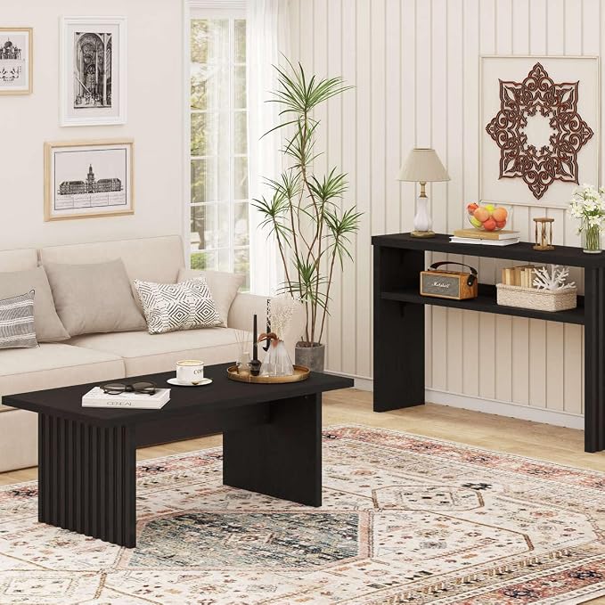 BON AUGURE Black Coffee Table, 43 Inch Modern Coffee Tables for Living Room, Wooden Center Table, Living Room Tables for Home, Office (Black Oak)