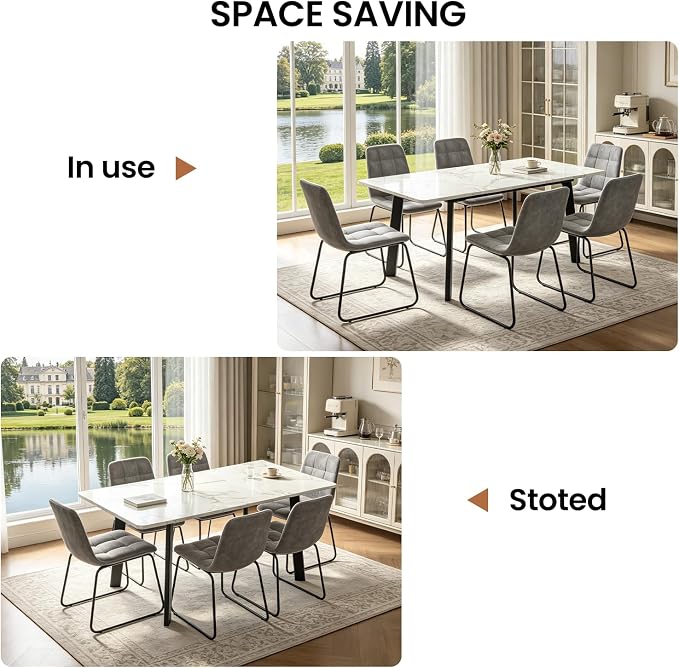 47.2"-63" Extendable Dining Room Table Set for 4-8 People, White | Removable Extension Leaf, Robust MDF Rectangle Tabletop, 6 Grey U-shaped PU Leather Chairs, Heavy Duty Modern Kitchen Table