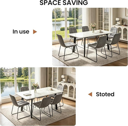47.2"-63" Extendable Dining Room Table Set for 4-8 People, White | Removable Extension Leaf, Robust MDF Rectangle Tabletop, 6 Grey U-shaped PU Leather Chairs, Heavy Duty Modern Kitchen Table