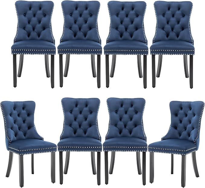 Mid Century Modern Dining Chair Set of 8 Velvet Upholstered Dining Accent Chair Farmhouse Dining Chairs with High Back and Nailhead Trim for Kitchen, Living Room, Bedroom (Blue)