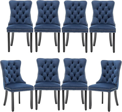 Mid Century Modern Dining Chair Set of 8 Velvet Upholstered Dining Accent Chair Farmhouse Dining Chairs with High Back and Nailhead Trim for Kitchen, Living Room, Bedroom (Blue)