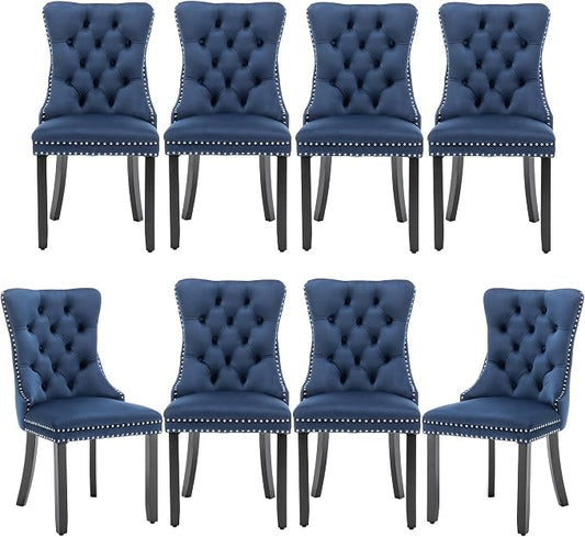 Mid Century Modern Dining Chair Set of 8 Velvet Upholstered Dining Accent Chair Farmhouse Dining Chairs with High Back and Nailhead Trim for Kitchen, Living Room, Bedroom (Blue)