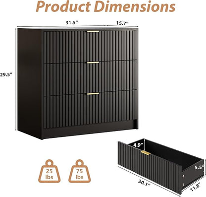 MAISONARIA 3-Piece Dresser Bedroom Set, 6 Drawer Dresser & 3 Drawer Nightstands with Gold Handles, Fluted Wood Chest of Drawers for Bedroom, Living Room, Entryway, Black