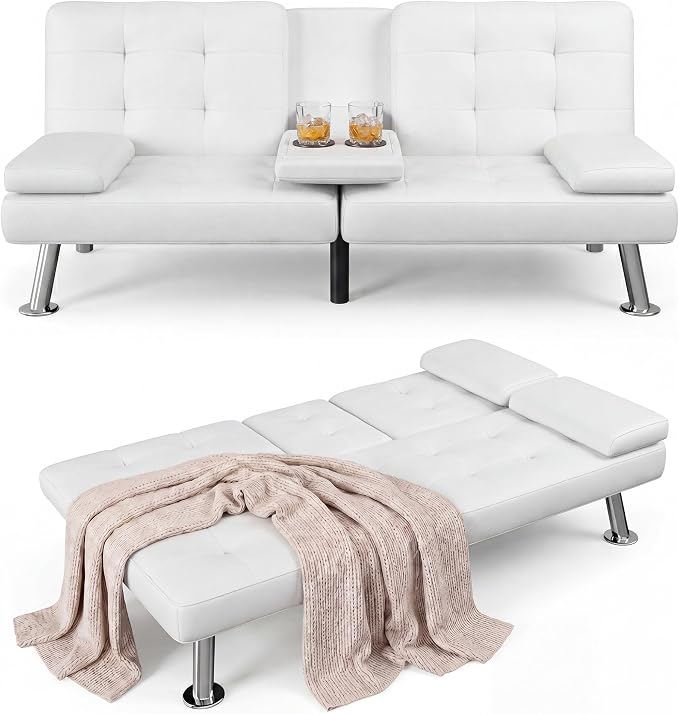 Flamaker Futon Sofa Bed Modern Folding Futon Set PU Leather Convertible Recliner Lounge for Living Room with 2 Cup Holders, Removable Armrests (PU Leather, White)